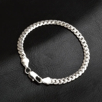 925 Sterling Silver Bracelet 6mm 18cm Flat Side Chain Lobster Clasp For Woman Man Wedding Engagement Jewelry Silver Bracelet