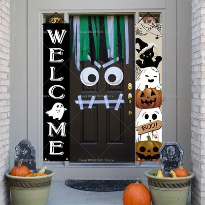 Pumpkin Ghost Trick or Treat Couplets Banner Halloween Party Decorations Porch Sign Indoor Outdoor Wall Hanging Background