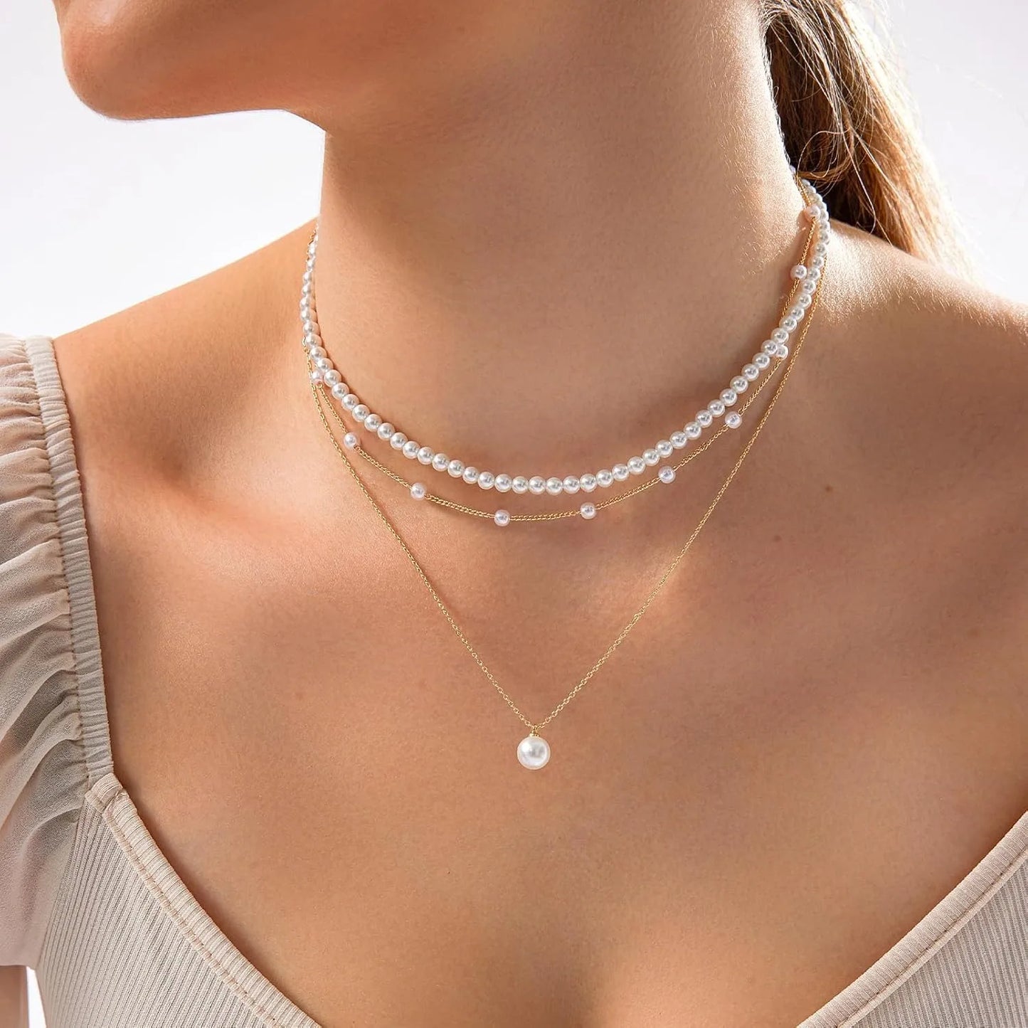 Gold Plated Dainty Layered Pearl Necklace for Women – Elegant Choker Jewellery & Anniversary Gift