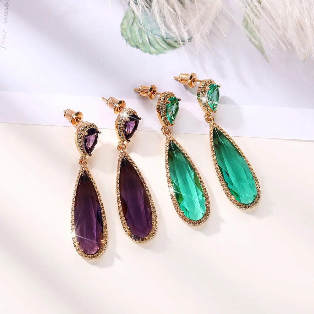 Elegant Green & Purple CZ Water Drop Dangle Earrings for Women – Huitan Luxury Wedding & Party Jewellery