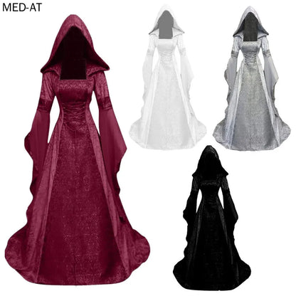Women Deluxe Witch Dress Medieval Costume Vintage Embroidered Renaissance Gothic Hooded Vampire Gown Dress Cosplay