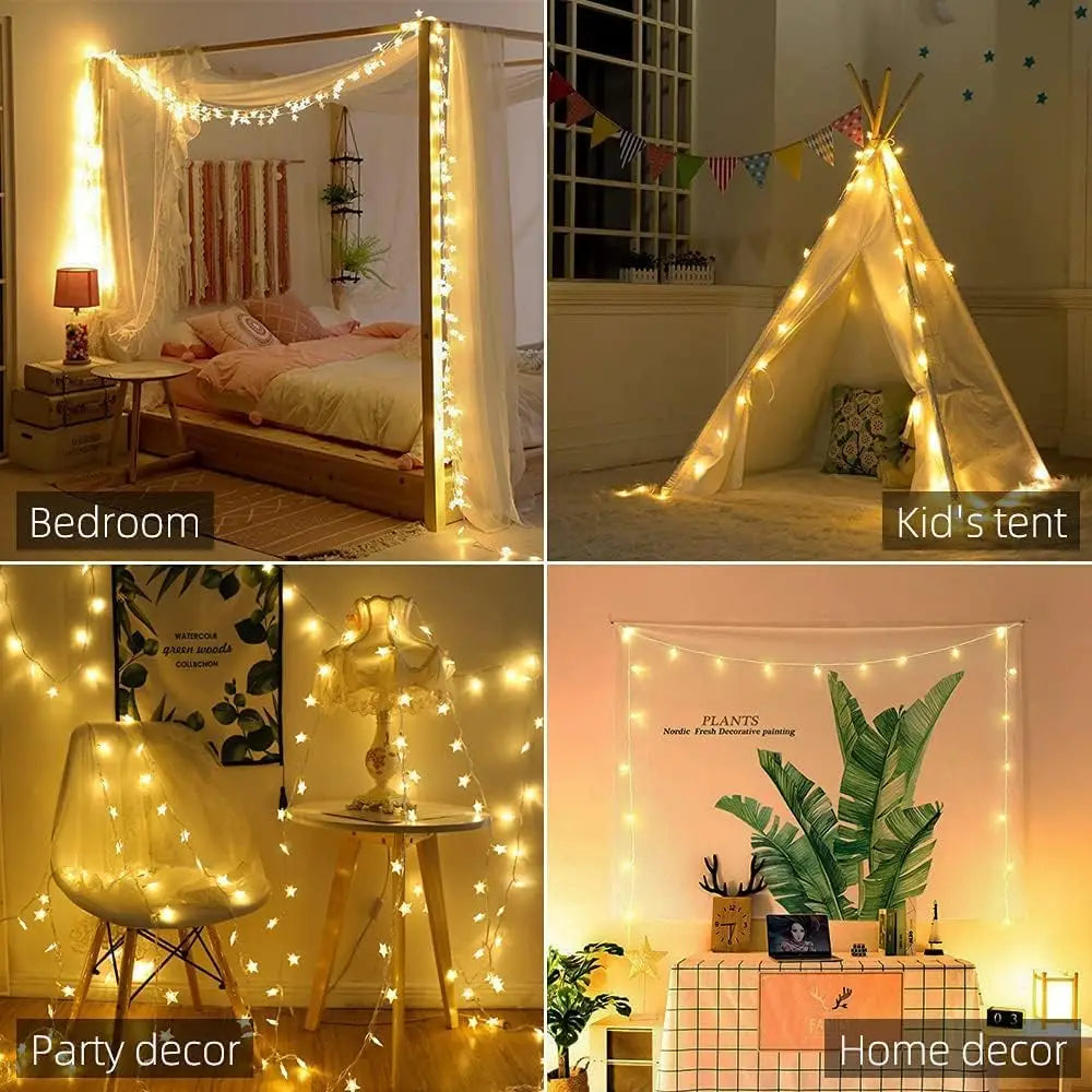 LED Christmas String Lights Star & Snowflake – Festive Clear Acrylic Fairy Lights for Home & Tree Decor