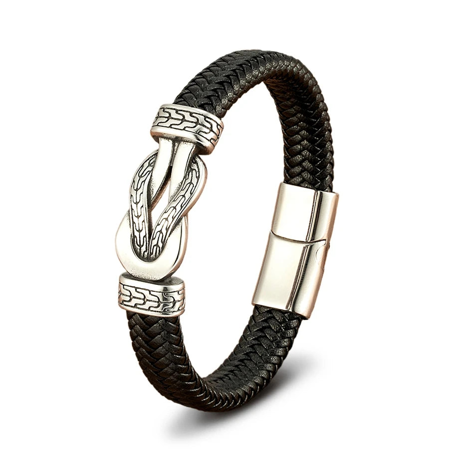 XQNI Stainless Steel Bracelets Weave Black/Brown Leahter Magnetic Buckle Rope Jewelry Accessories Bangles Gifts for Men Friend