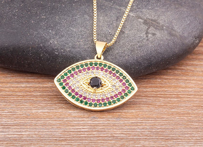 Turkish Evil Eye Pendant Necklace with Colourful Zircon – Unisex Lucky Protection Choker, Classic Gift Jewellery