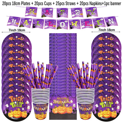 Halloween Disposable Tableware Set – Pumpkin Plates, Cups, Napkins, Tablecloth & Banner for Spooky Party Decorations
