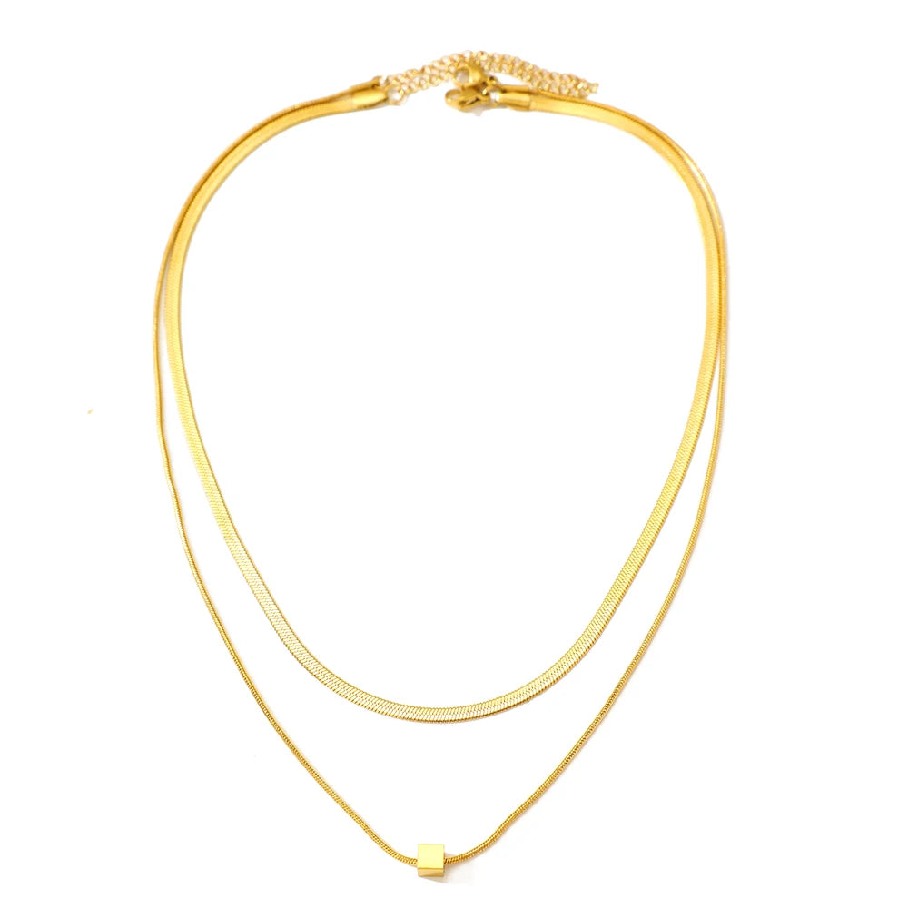 DOTIFI Women’s Two-Layer Stainless Steel Square Pendant Necklace – Simple Geometric Stacked Collarbone Chain Jewellery