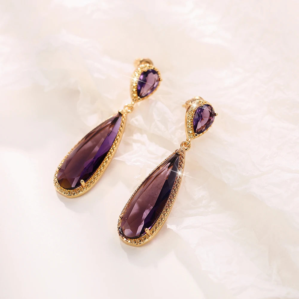 Elegant Green & Purple CZ Water Drop Dangle Earrings for Women – Huitan Luxury Wedding & Party Jewellery