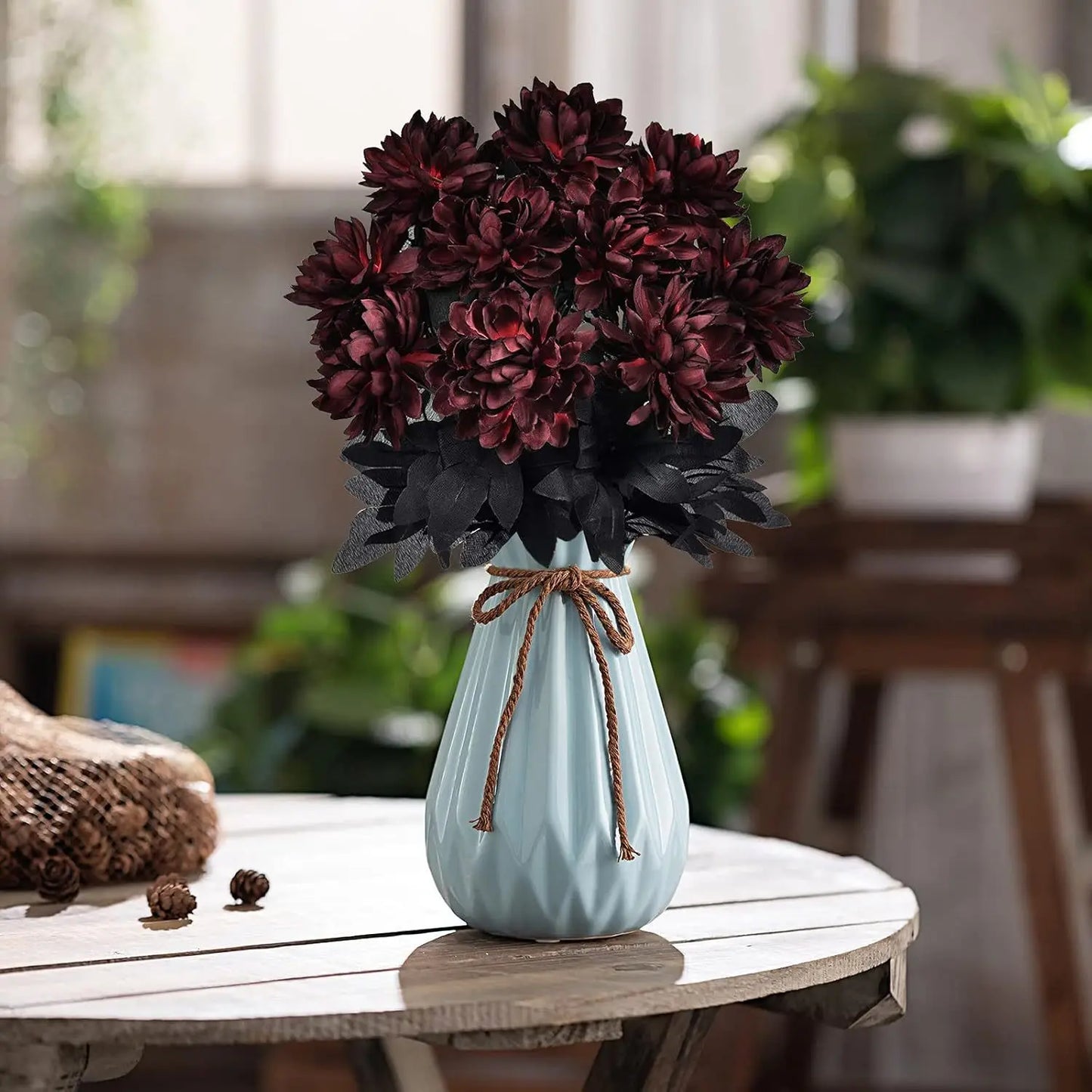 Halloween Black & Burgundy Dahlia Artificial Flowers – Creepy Chic Branch Arrangement for Home & Events