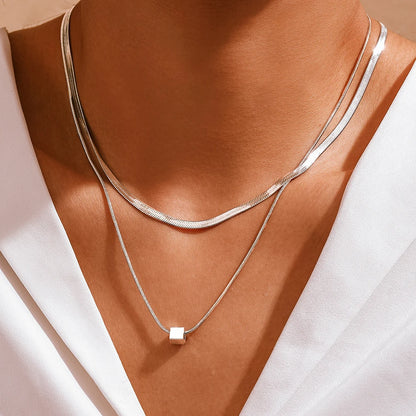 DOTIFI Women’s Two-Layer Stainless Steel Square Pendant Necklace – Simple Geometric Stacked Collarbone Chain Jewellery