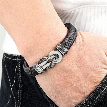 XQNI Stainless Steel Bracelets Weave Black/Brown Leahter Magnetic Buckle Rope Jewelry Accessories Bangles Gifts for Men Friend