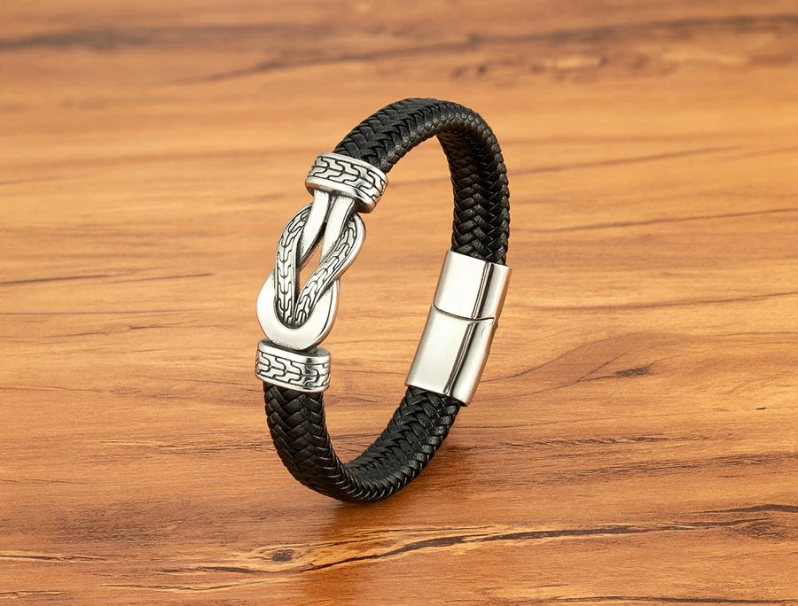 XQNI Stainless Steel Bracelets Weave Black/Brown Leahter Magnetic Buckle Rope Jewelry Accessories Bangles Gifts for Men Friend