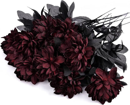 Halloween Black & Burgundy Dahlia Artificial Flowers – Creepy Chic Branch Arrangement for Home & Events