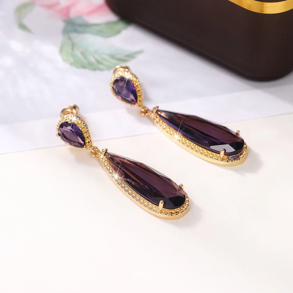 Elegant Green & Purple CZ Water Drop Dangle Earrings for Women – Huitan Luxury Wedding & Party Jewellery