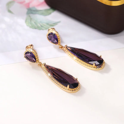 Elegant Green & Purple CZ Water Drop Dangle Earrings for Women – Huitan Luxury Wedding & Party Jewellery