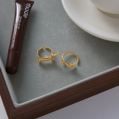 Lucky Cat & Sausage Dog Ring em Aço Inoxidável 18K Gold com Strass – Anel Empilhável à Prova d’Água