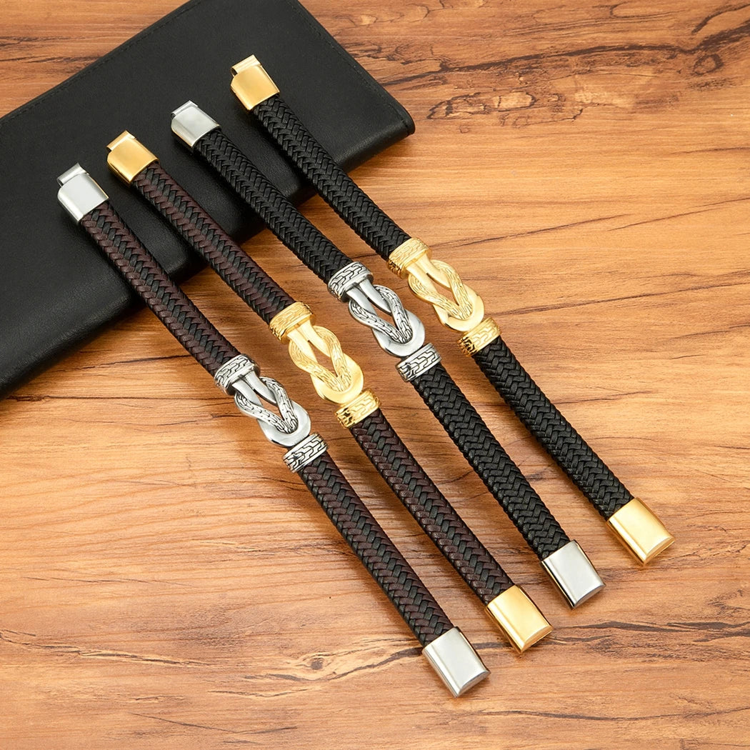 XQNI Stainless Steel Bracelets Weave Black/Brown Leahter Magnetic Buckle Rope Jewelry Accessories Bangles Gifts for Men Friend