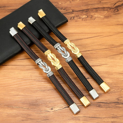 XQNI Stainless Steel Bracelets Weave Black/Brown Leahter Magnetic Buckle Rope Jewelry Accessories Bangles Gifts for Men Friend