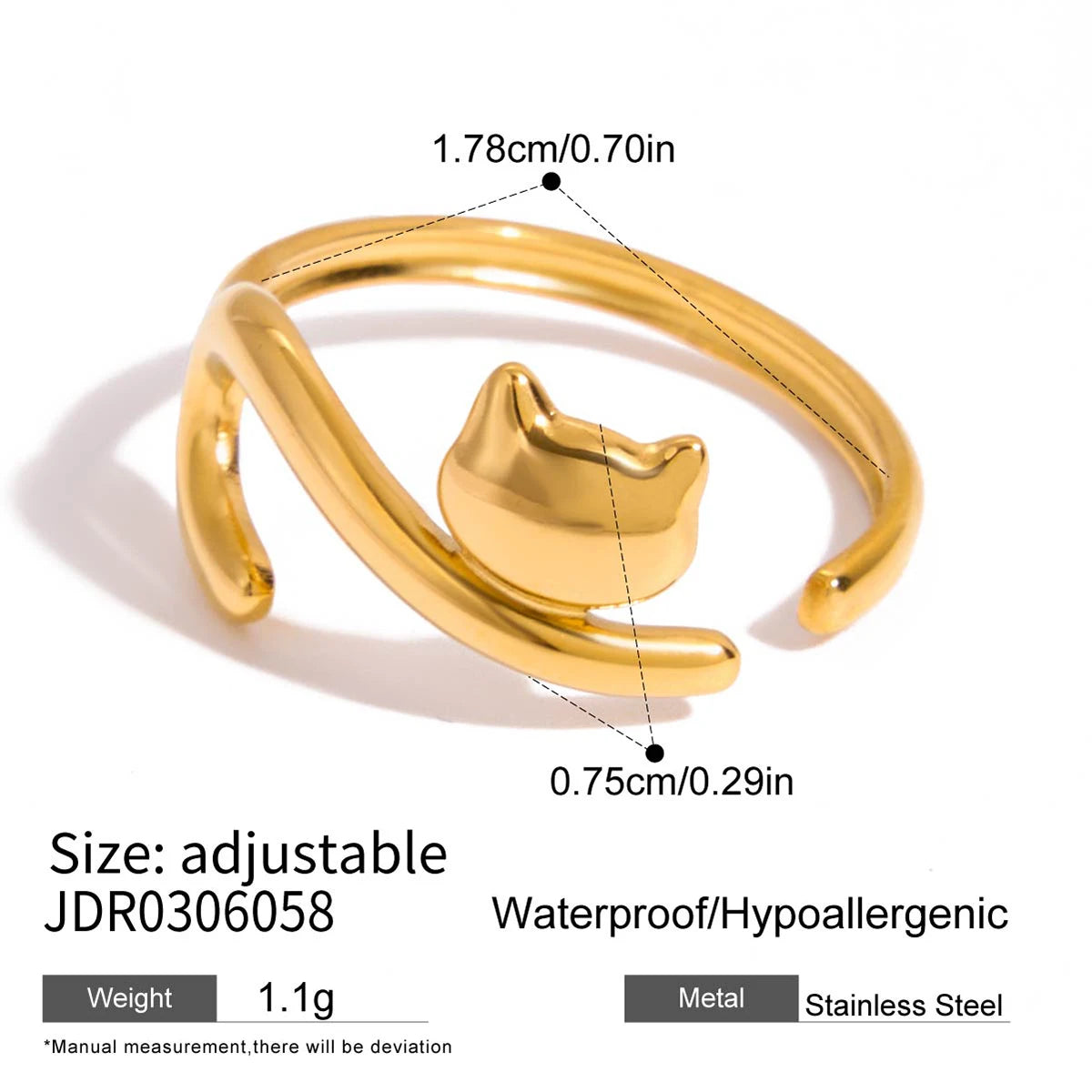 Lucky Cat & Sausage Dog Ring em Aço Inoxidável 18K Gold com Strass – Anel Empilhável à Prova d’Água
