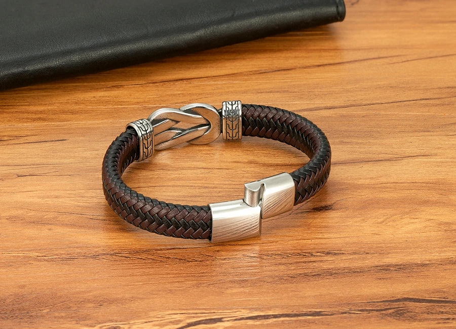 XQNI Stainless Steel Bracelets Weave Black/Brown Leahter Magnetic Buckle Rope Jewelry Accessories Bangles Gifts for Men Friend