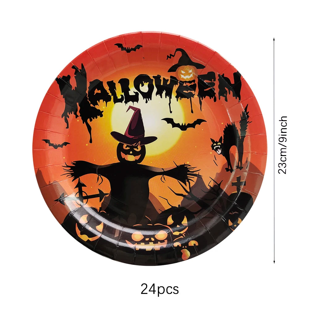 Halloween Disposable Tableware Set – Pumpkin Plates, Cups, Napkins, Tablecloth & Banner for Spooky Party Decorations