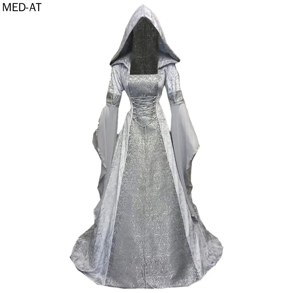 Women Deluxe Witch Dress Medieval Costume Vintage Embroidered Renaissance Gothic Hooded Vampire Gown Dress Cosplay
