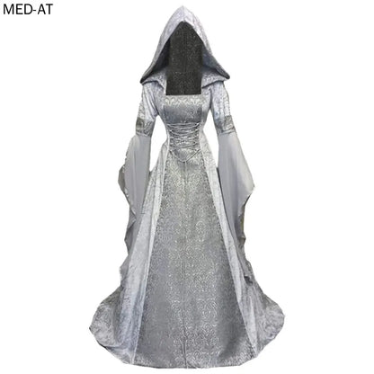 Women Deluxe Witch Dress Medieval Costume Vintage Embroidered Renaissance Gothic Hooded Vampire Gown Dress Cosplay