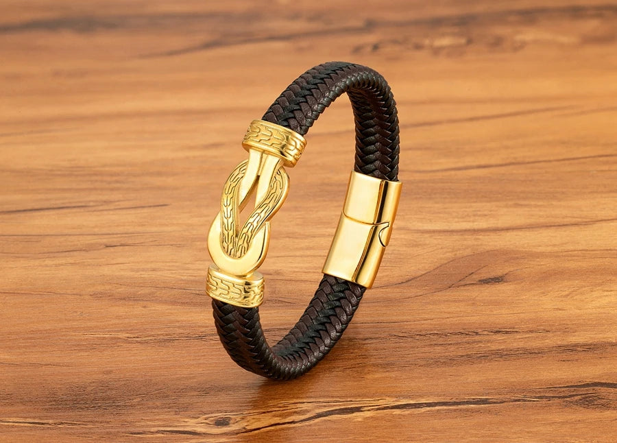 XQNI Stainless Steel Bracelets Weave Black/Brown Leahter Magnetic Buckle Rope Jewelry Accessories Bangles Gifts for Men Friend
