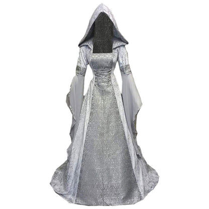 Women Deluxe Witch Dress Medieval Costume Vintage Embroidered Renaissance Gothic Hooded Vampire Gown Dress Cosplay