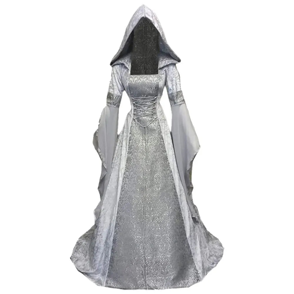 Women Deluxe Witch Dress Medieval Costume Vintage Embroidered Renaissance Gothic Hooded Vampire Gown Dress Cosplay