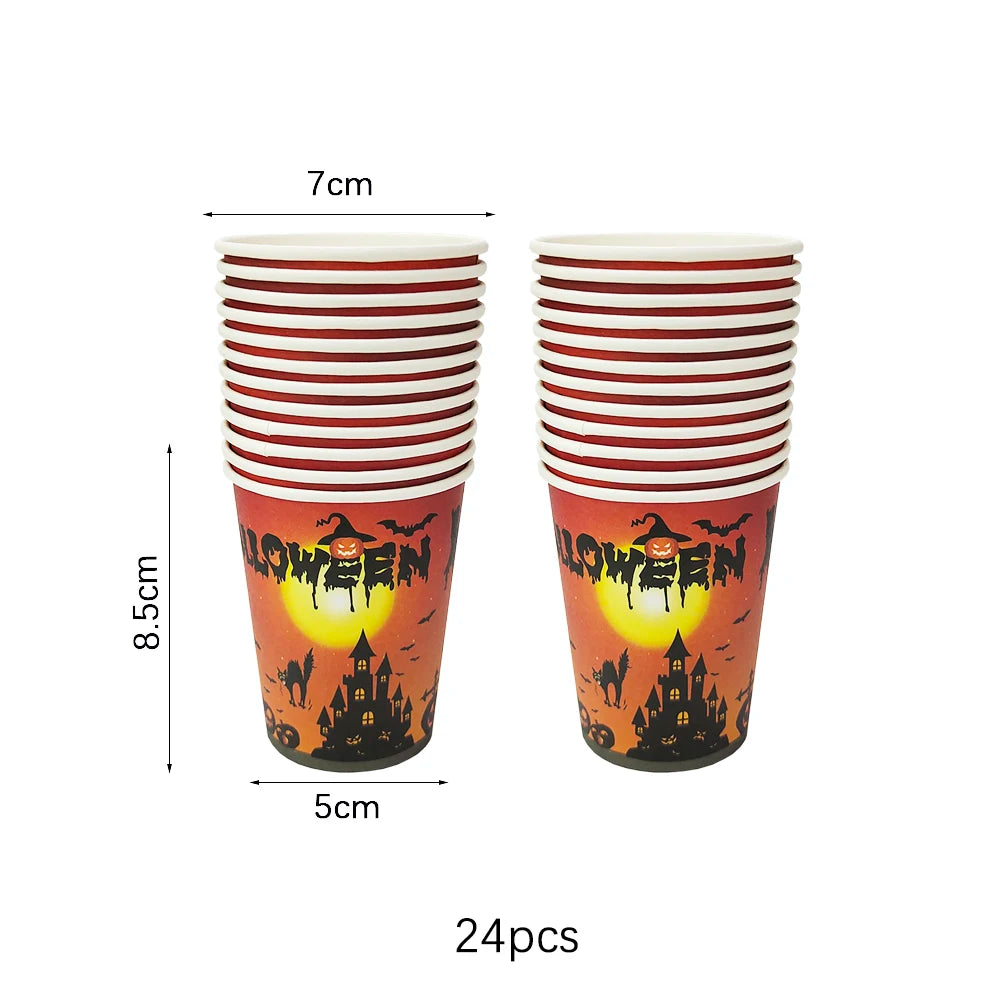 Halloween Disposable Tableware Set – Pumpkin Plates, Cups, Napkins, Tablecloth & Banner for Spooky Party Decorations