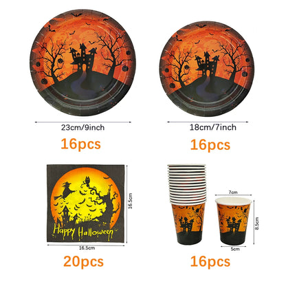 Halloween Disposable Tableware Set – Pumpkin Plates, Cups, Napkins, Tablecloth & Banner for Spooky Party Decorations