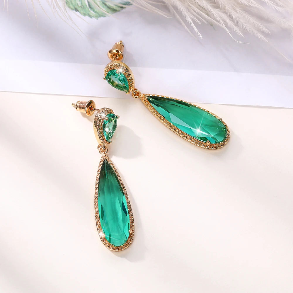 Elegant Green & Purple CZ Water Drop Dangle Earrings for Women – Huitan Luxury Wedding & Party Jewellery