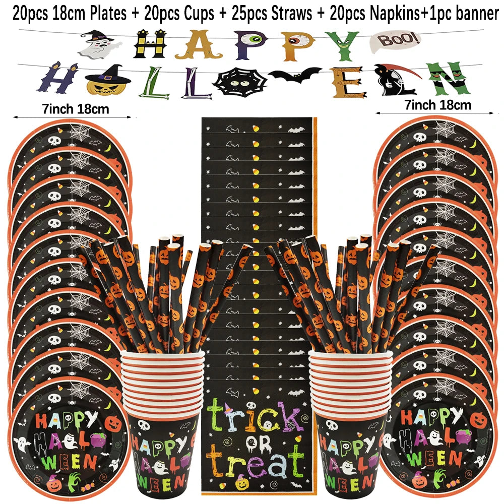 Halloween Disposable Tableware Set – Pumpkin Plates, Cups, Napkins, Tablecloth & Banner for Spooky Party Decorations