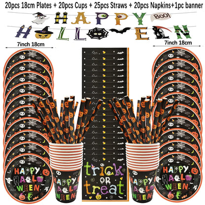 Halloween Disposable Tableware Set – Pumpkin Plates, Cups, Napkins, Tablecloth & Banner for Spooky Party Decorations