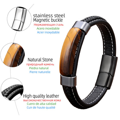 Men’s Natural Hematite & Pink Tiger Eye Stone Bracelet | Handmade Braided Leather Jewellery