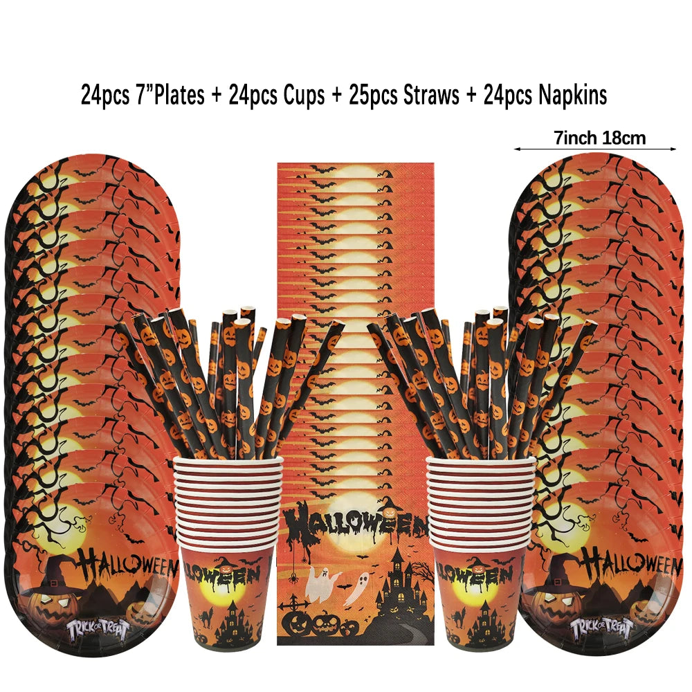 Halloween Disposable Tableware Set – Pumpkin Plates, Cups, Napkins, Tablecloth & Banner for Spooky Party Decorations