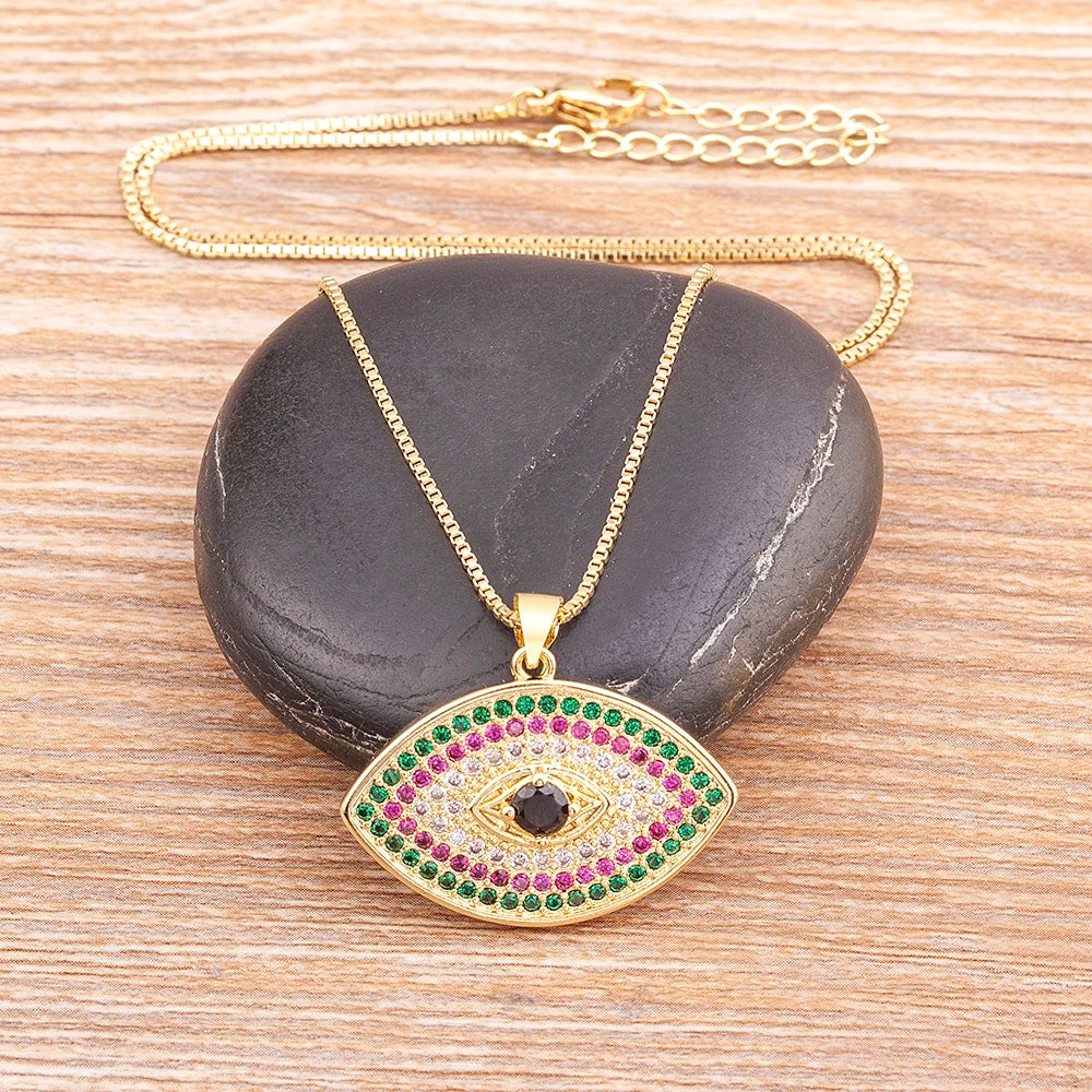 Turkish Evil Eye Pendant Necklace with Colourful Zircon – Unisex Lucky Protection Choker, Classic Gift Jewellery