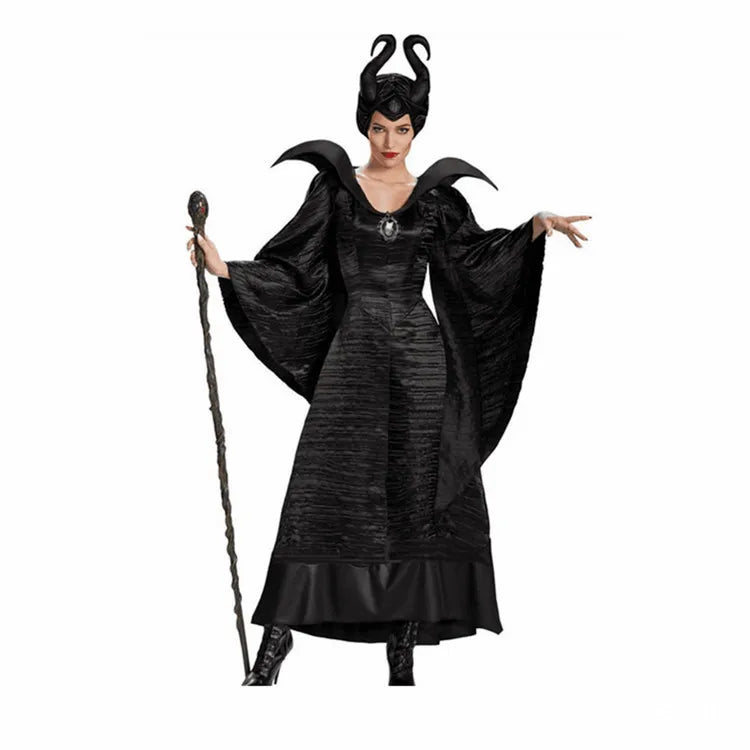 Maleficent Witch Costume Dress – Evil Queen Halloween Outfit with Horns Hat for Women