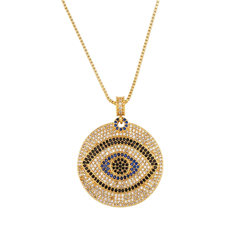 FLOLA Gold Plated Greek Evil Eye Necklace for Women – Zirconia Rainbow CZ Turkish Eye Pendant Jewellery