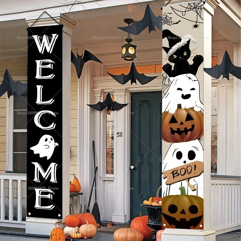 Pumpkin Ghost Trick or Treat Couplets Banner Halloween Party Decorations Porch Sign Indoor Outdoor Wall Hanging Background