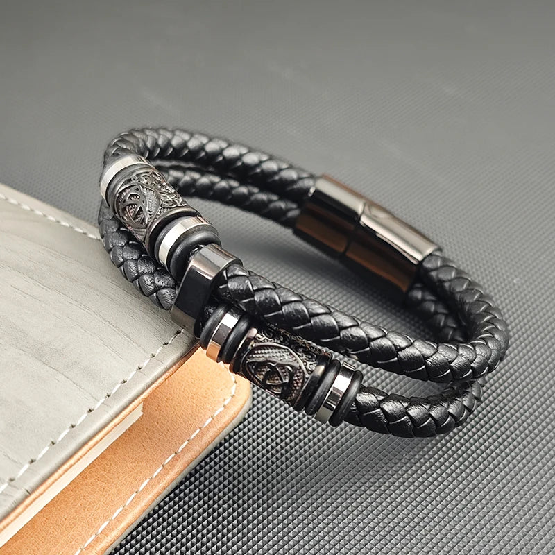 Men's Stainless Steel Leather Bracelet with Combination Symbol – Double Weave Stylish Accessory Gift for Handsome Boys