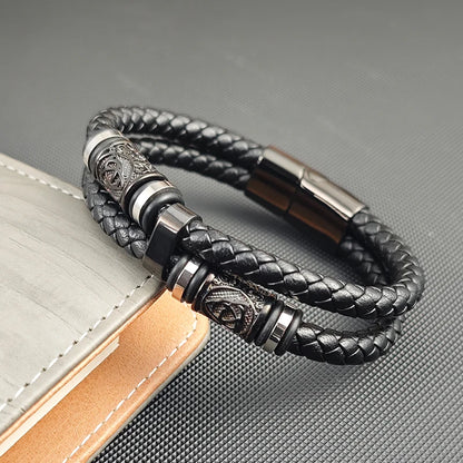 Men's Stainless Steel Leather Bracelet with Combination Symbol – Double Weave Stylish Accessory Gift for Handsome Boys