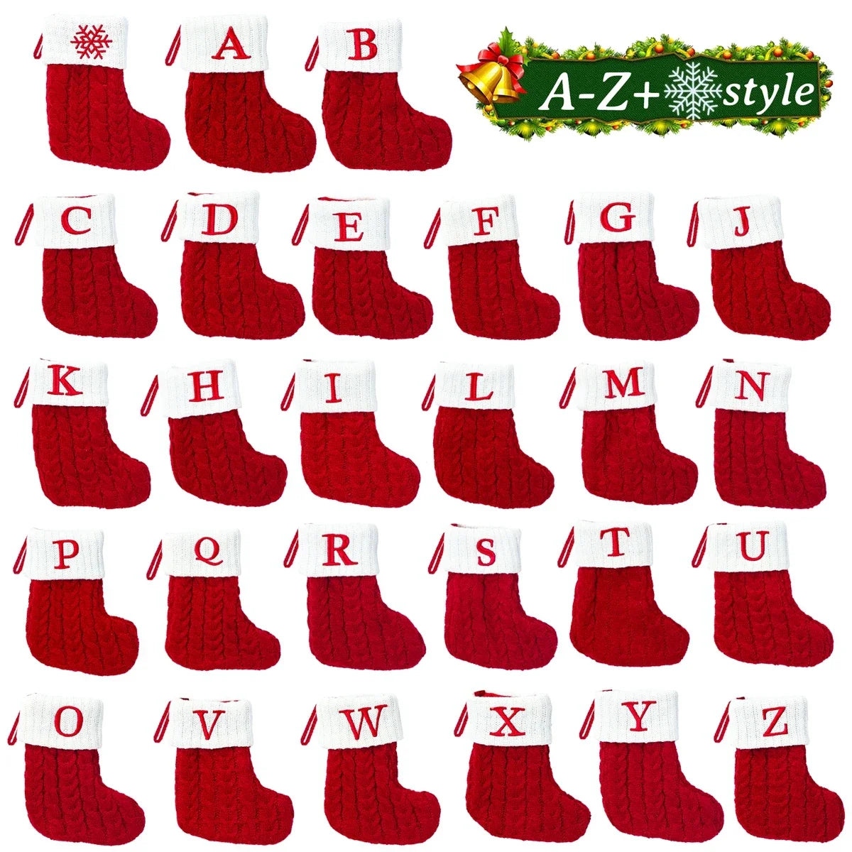 Personalised Knitted Christmas Stocking – A-Z Letter Snowflake Xmas Decoration for Home & Tree