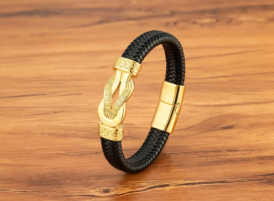 XQNI Stainless Steel Bracelets Weave Black/Brown Leahter Magnetic Buckle Rope Jewelry Accessories Bangles Gifts for Men Friend