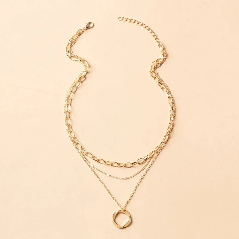Multilayer Pendant Necklace for Women – Vintage Alloy Circle Star Charm Layered Choker Jewellery
