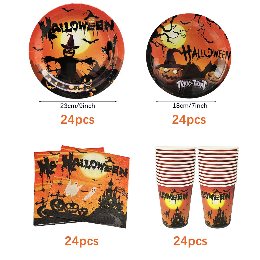 Halloween Disposable Tableware Set – Pumpkin Plates, Cups, Napkins, Tablecloth & Banner for Spooky Party Decorations