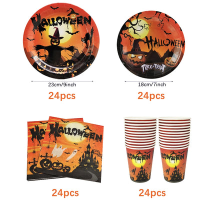Halloween Disposable Tableware Set – Pumpkin Plates, Cups, Napkins, Tablecloth & Banner for Spooky Party Decorations