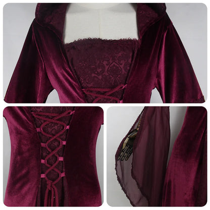 Women Deluxe Witch Dress Medieval Costume Vintage Embroidered Renaissance Gothic Hooded Vampire Gown Dress Cosplay