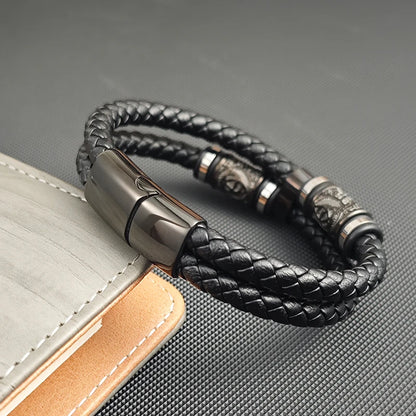 Men's Stainless Steel Leather Bracelet with Combination Symbol – Double Weave Stylish Accessory Gift for Handsome Boys