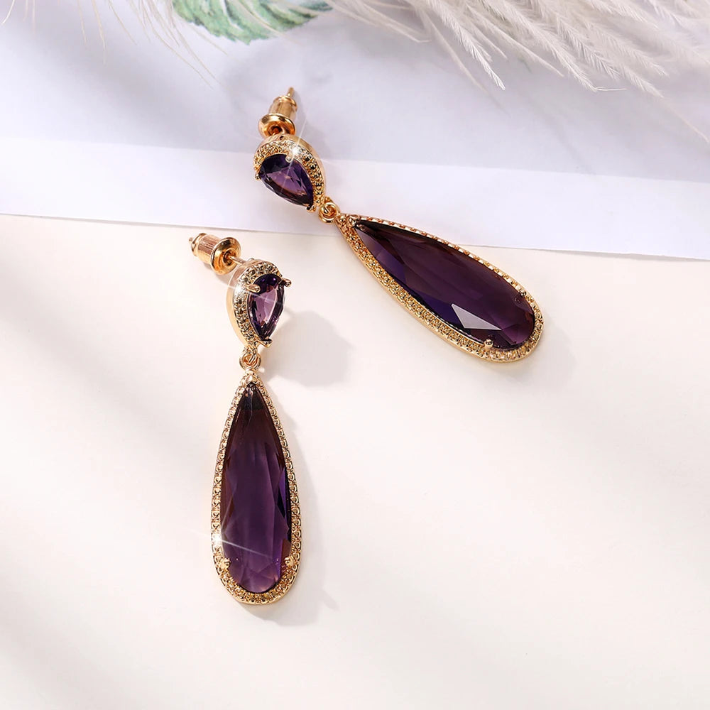 Elegant Green & Purple CZ Water Drop Dangle Earrings for Women – Huitan Luxury Wedding & Party Jewellery